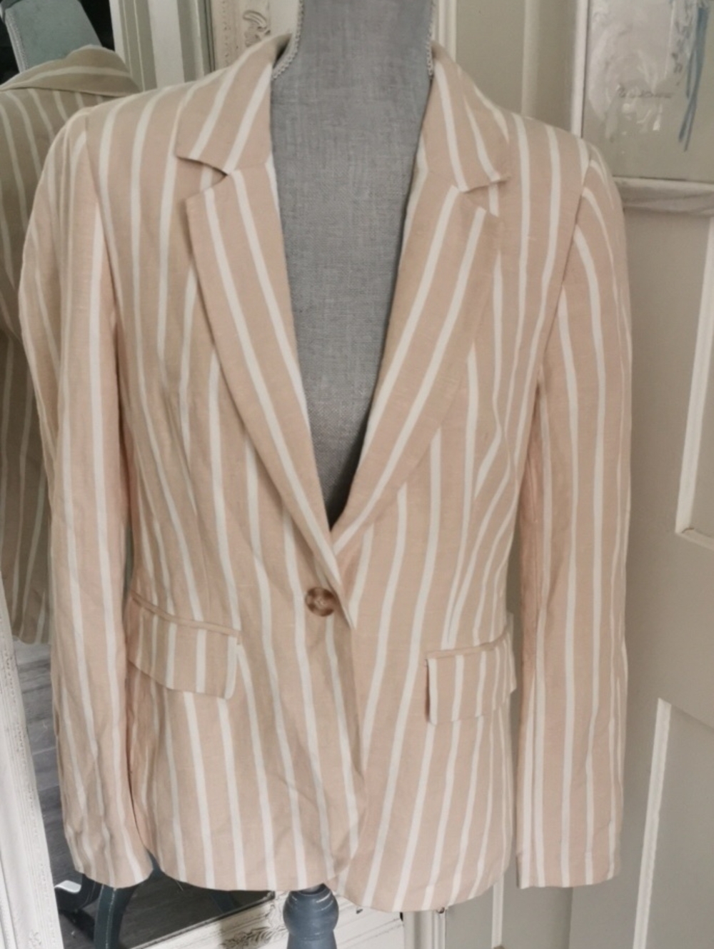 Womens Philosophy Republic Striped Beachy LinenBlend Blazer Tan/White Striped M